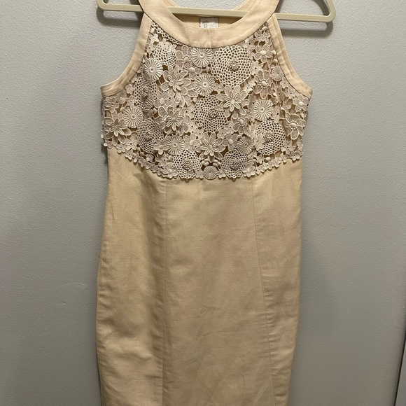 Anthropologie Postage Stamp Oleander crochet Linen Sheath Dress Size 10 Cream - Picture 3 of 14